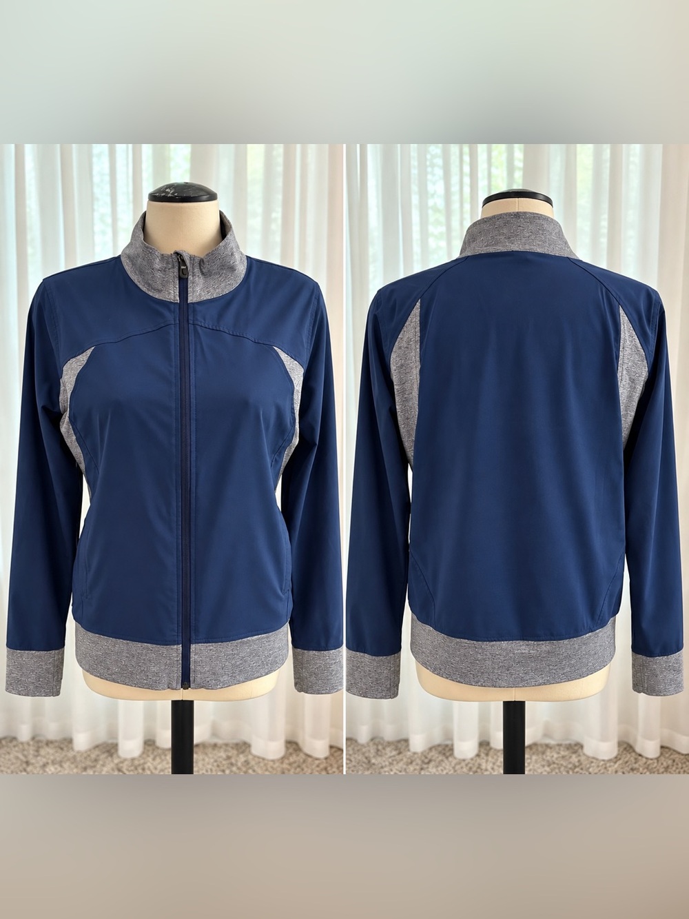 Lolë Women’s L Navy Blue Full Zip Athletic Jacket Gray Trim Thumbholes Pockets